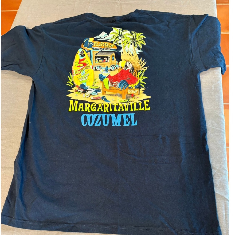 Margaritaville Cozumel Navy Blue Graphic T-Shirt Mens LG Parrot Flip Flop Shop